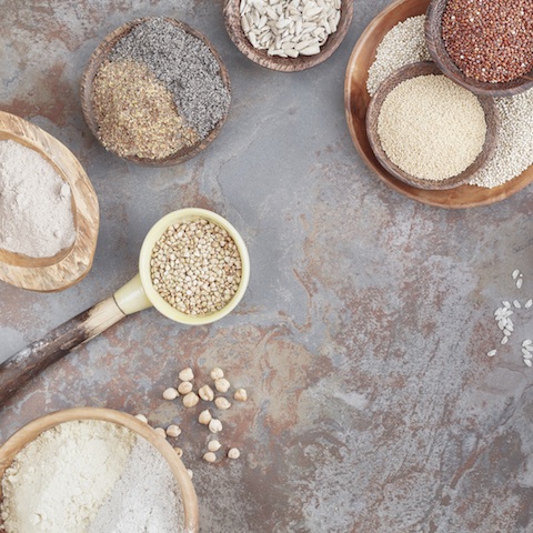 A variety of gluten free ingredients, top view, blank space